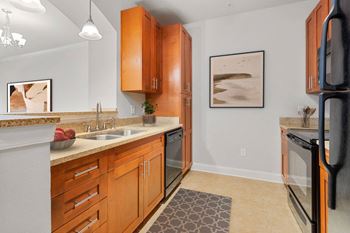 Kitchen with Wooden Cabinets at The Villagio Apartments, North Carolina